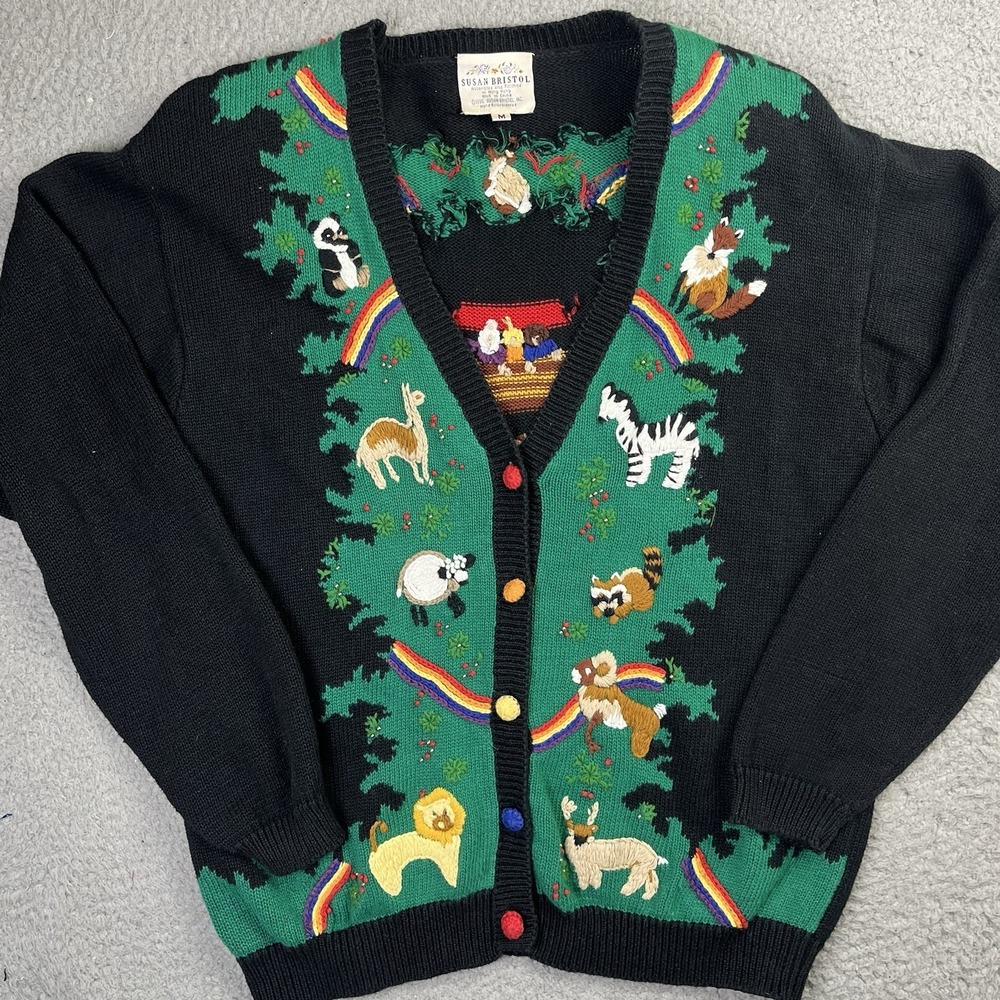 Vintage 90s Susan Bristol Cardigan‎ Sweater Noah's Ark Rainbows Womens Medium